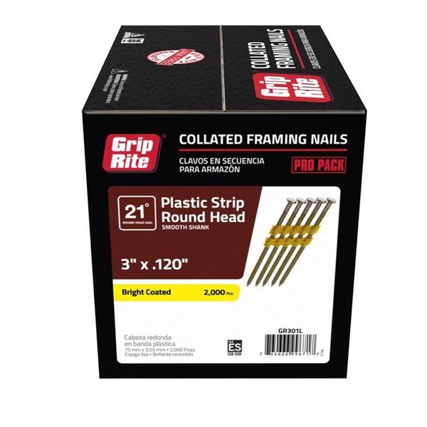 Grip-Rite Collated Framing Nail, 3 in L, 11 ga, Bright, Round Head, 21 Degrees, 2000 PK GR301L